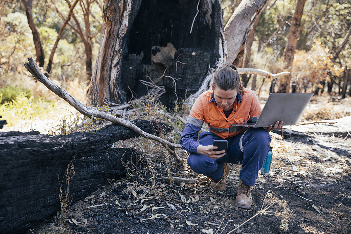 Person collecting geographical data in the woods